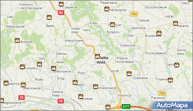 mapa Wielka Wieś powiat krakowski, Wielka Wieś powiat krakowski na mapie Targeo