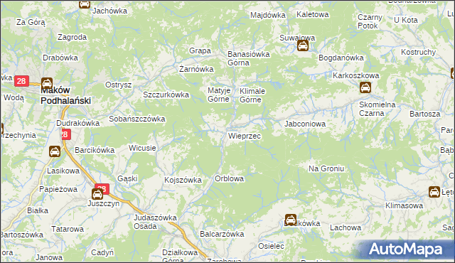 mapa Wieprzec gmina Maków Podhalański, Wieprzec gmina Maków Podhalański na mapie Targeo
