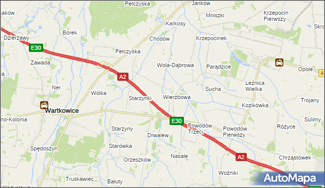 mapa Wierzbowa gmina Wartkowice, Wierzbowa gmina Wartkowice na mapie Targeo