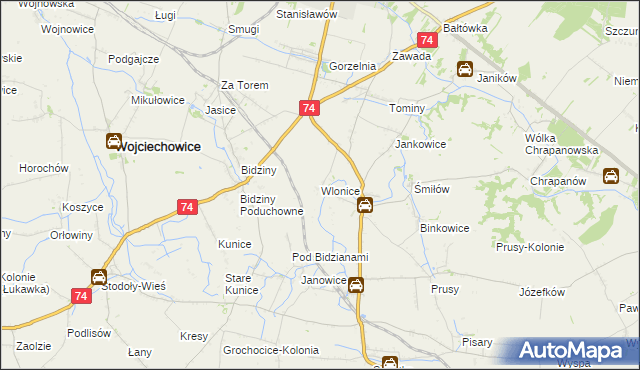 mapa Wlonice gmina Wojciechowice, Wlonice gmina Wojciechowice na mapie Targeo