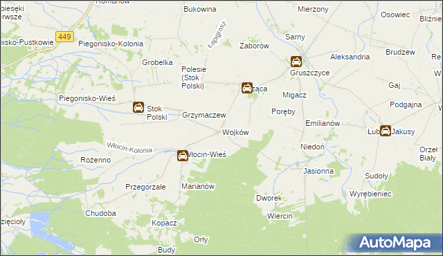 mapa Wojków gmina Błaszki, Wojków gmina Błaszki na mapie Targeo