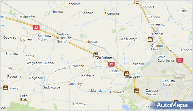 mapa Wróblew powiat sieradzki, Wróblew powiat sieradzki na mapie Targeo