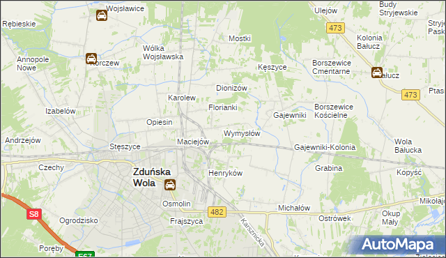 mapa Wymysłów gmina Zduńska Wola, Wymysłów gmina Zduńska Wola na mapie Targeo