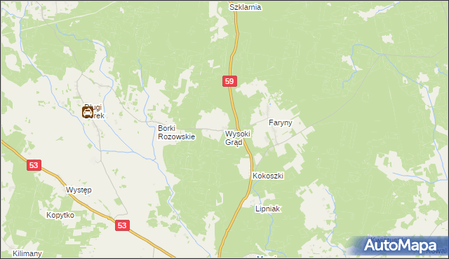 mapa Wysoki Grąd gmina Rozogi, Wysoki Grąd gmina Rozogi na mapie Targeo