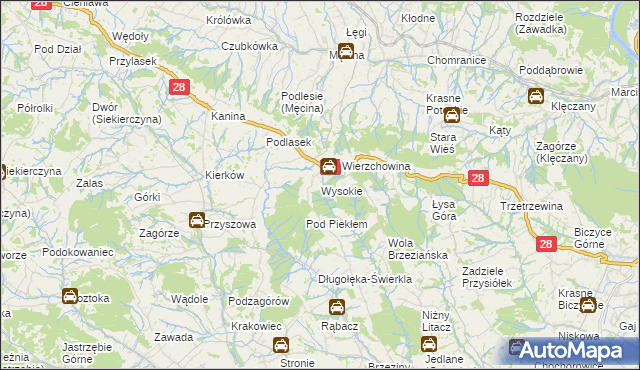 mapa Wysokie gmina Limanowa, Wysokie gmina Limanowa na mapie Targeo
