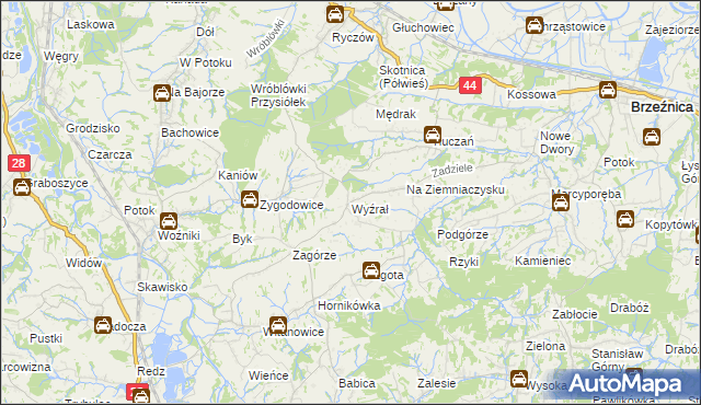 mapa Wyźrał gmina Brzeźnica, Wyźrał gmina Brzeźnica na mapie Targeo
