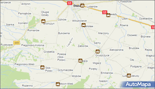 mapa Zaborów gmina Błaszki, Zaborów gmina Błaszki na mapie Targeo