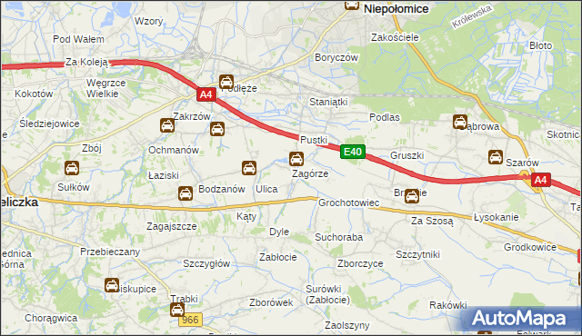 mapa Zagórze gmina Niepołomice, Zagórze gmina Niepołomice na mapie Targeo