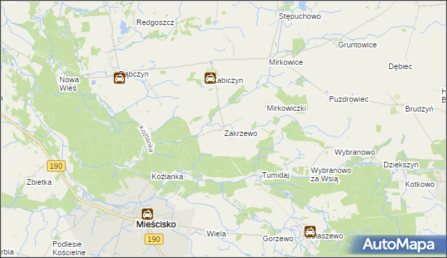 mapa Zakrzewo gmina Mieścisko, Zakrzewo gmina Mieścisko na mapie Targeo