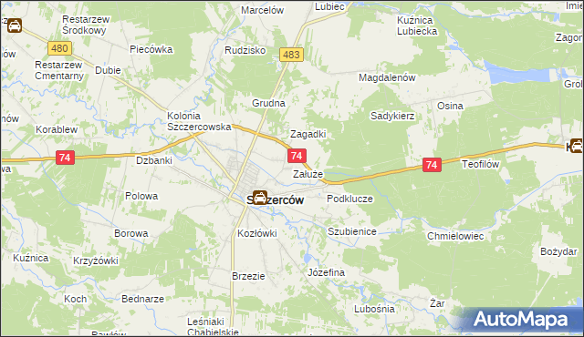 mapa Załuże gmina Szczerców, Załuże gmina Szczerców na mapie Targeo