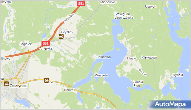 mapa Zielonowo gmina Stawiguda, Zielonowo gmina Stawiguda na mapie Targeo
