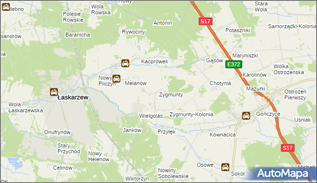mapa Zygmunty gmina Łaskarzew, Zygmunty gmina Łaskarzew na mapie Targeo