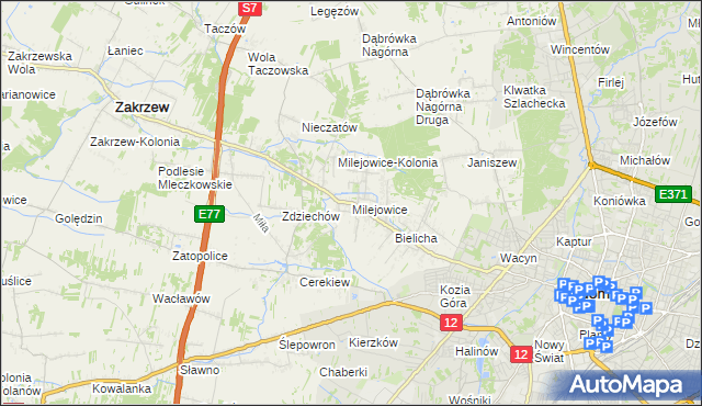 mapa Milejowice gmina Zakrzew, Milejowice gmina Zakrzew na mapie Targeo