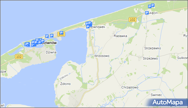 mapa Wrzosowo gmina Kamień Pomorski, Wrzosowo gmina Kamień Pomorski na mapie Targeo