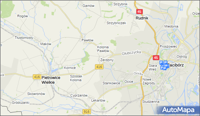 mapa Żerdziny gmina Pietrowice Wielkie, Żerdziny gmina Pietrowice Wielkie na mapie Targeo