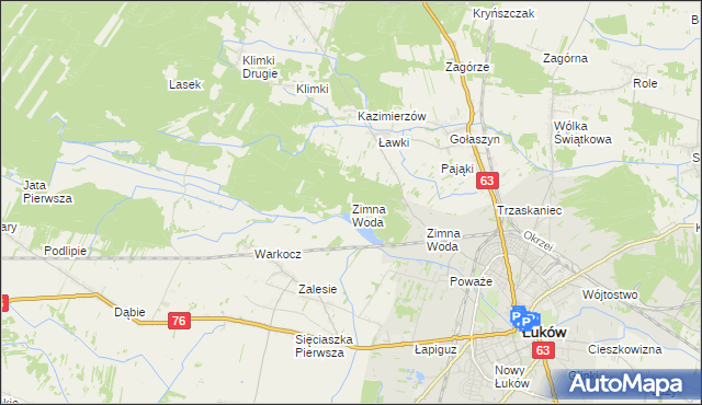 mapa Zimna Woda gmina Łuków, Zimna Woda gmina Łuków na mapie Targeo