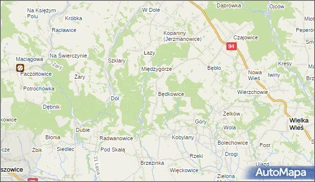mapa Będkowice gmina Wielka Wieś, Będkowice gmina Wielka Wieś na mapie Targeo