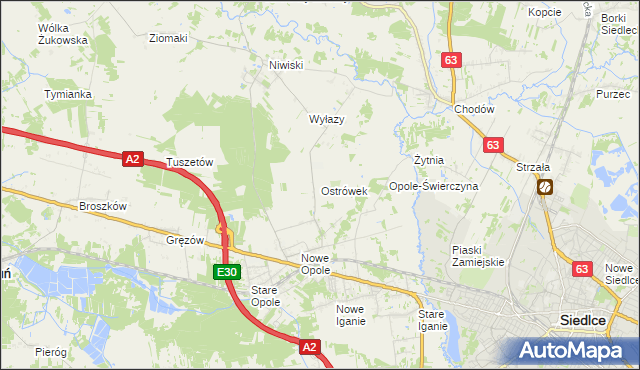 mapa Ostrówek gmina Siedlce, Ostrówek gmina Siedlce na mapie Targeo