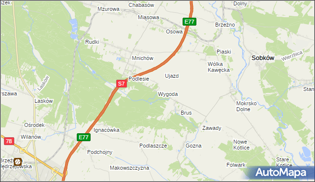 mapa Wygoda gmina Jędrzejów, Wygoda gmina Jędrzejów na mapie Targeo