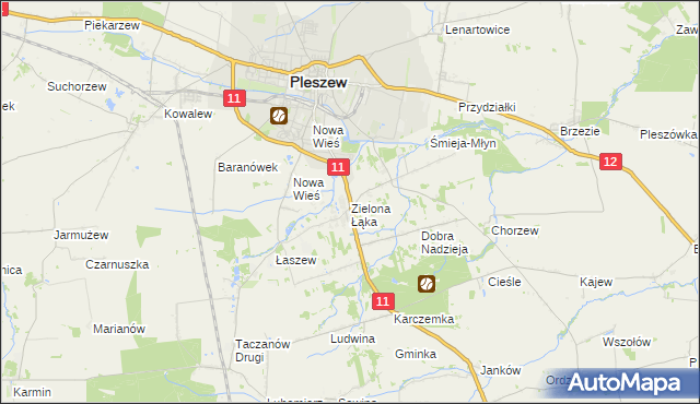 mapa Zielona Łąka gmina Pleszew, Zielona Łąka gmina Pleszew na mapie Targeo