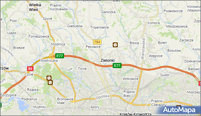 mapa Zielonki powiat krakowski, Zielonki powiat krakowski na mapie Targeo
