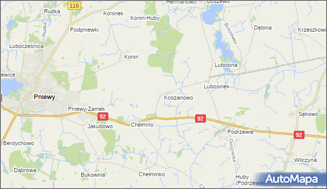 mapa Koszanowo gmina Pniewy, Koszanowo gmina Pniewy na mapie Targeo