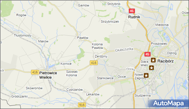 mapa Żerdziny gmina Pietrowice Wielkie, Żerdziny gmina Pietrowice Wielkie na mapie Targeo