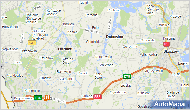 mapa Kostkowice gmina Dębowiec, Kostkowice gmina Dębowiec na mapie Targeo