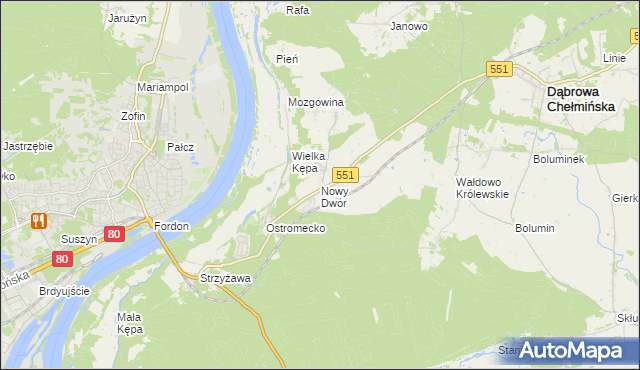 mapa Nowy Dwór gmina Dąbrowa Chełmińska, Nowy Dwór gmina Dąbrowa Chełmińska na mapie Targeo