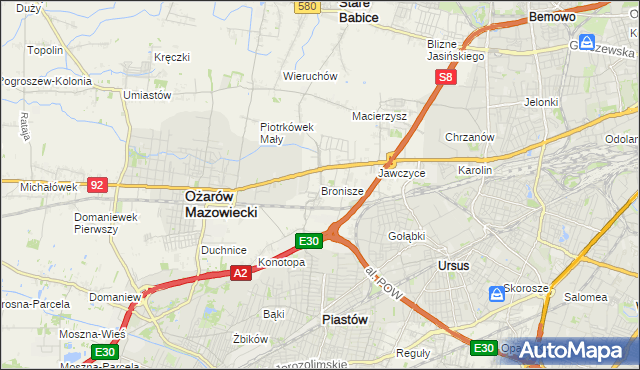 mapa Bronisze gmina Ożarów Mazowiecki, Bronisze gmina Ożarów Mazowiecki na mapie Targeo