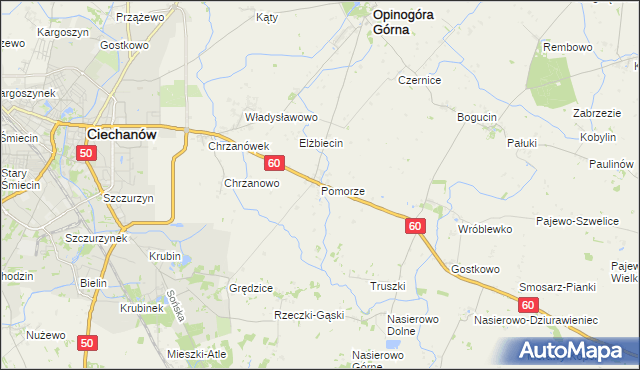 mapa Pomorze gmina Opinogóra Górna, Pomorze gmina Opinogóra Górna na mapie Targeo