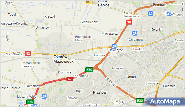 mapa Bronisze gmina Ożarów Mazowiecki, Bronisze gmina Ożarów Mazowiecki na mapie Targeo