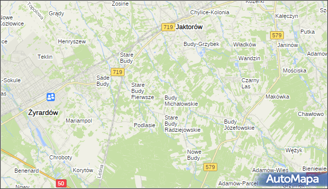 mapa Budy Michałowskie gmina Jaktorów, Budy Michałowskie gmina Jaktorów na mapie Targeo