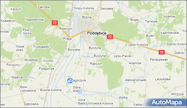 mapa Byczyna gmina Poddębice, Byczyna gmina Poddębice na mapie Targeo