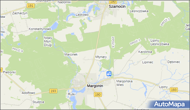 mapa Młynary gmina Margonin, Młynary gmina Margonin na mapie Targeo