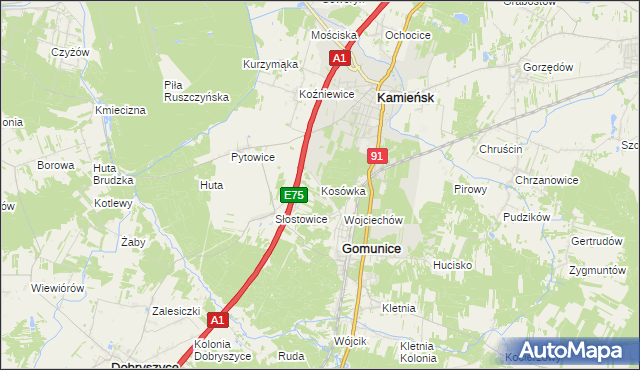 mapa Kosówka gmina Gomunice, Kosówka gmina Gomunice na mapie Targeo