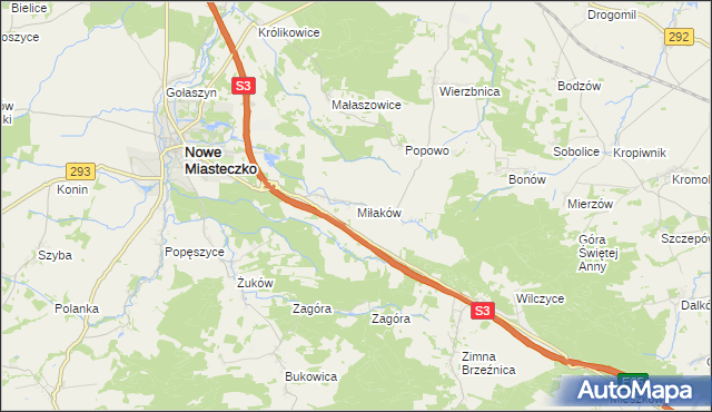 mapa Miłaków gmina Nowe Miasteczko, Miłaków gmina Nowe Miasteczko na mapie Targeo