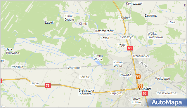 mapa Zimna Woda gmina Łuków, Zimna Woda gmina Łuków na mapie Targeo