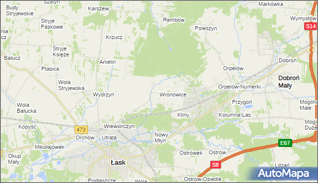 mapa Wronowice gmina Łask, Wronowice gmina Łask na mapie Targeo