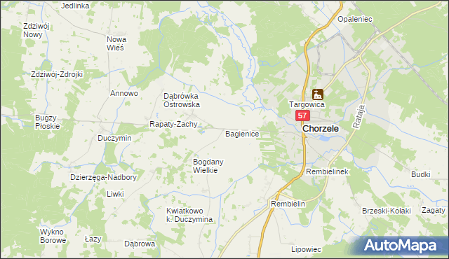 mapa Bagienice gmina Chorzele, Bagienice gmina Chorzele na mapie Targeo