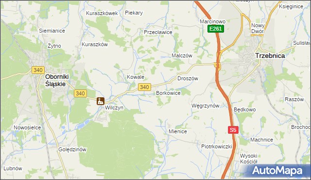 mapa Borkowice gmina Oborniki Śląskie, Borkowice gmina Oborniki Śląskie na mapie Targeo