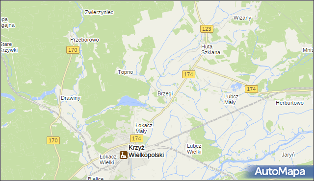 mapa Brzegi gmina Krzyż Wielkopolski, Brzegi gmina Krzyż Wielkopolski na mapie Targeo