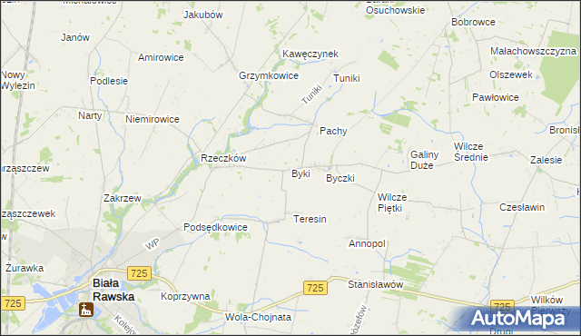 mapa Byki gmina Biała Rawska, Byki gmina Biała Rawska na mapie Targeo