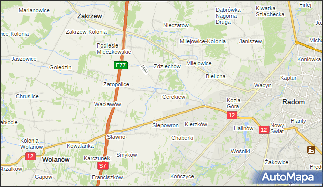 mapa Cerekiew gmina Zakrzew, Cerekiew gmina Zakrzew na mapie Targeo