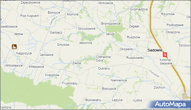 mapa Czerwona Góra gmina Sadowie, Czerwona Góra gmina Sadowie na mapie Targeo