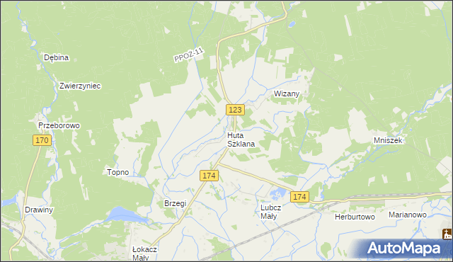 mapa Huta Szklana gmina Krzyż Wielkopolski, Huta Szklana gmina Krzyż Wielkopolski na mapie Targeo