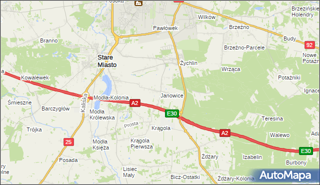 mapa Janowice gmina Stare Miasto, Janowice gmina Stare Miasto na mapie Targeo