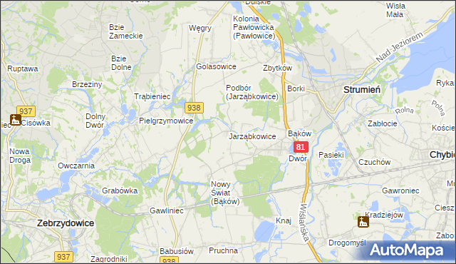 mapa Jarząbkowice gmina Pawłowice, Jarząbkowice gmina Pawłowice na mapie Targeo