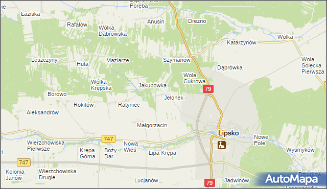 mapa Jelonek gmina Lipsko, Jelonek gmina Lipsko na mapie Targeo