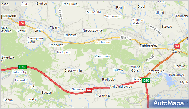 mapa Kleszczów gmina Zabierzów, Kleszczów gmina Zabierzów na mapie Targeo